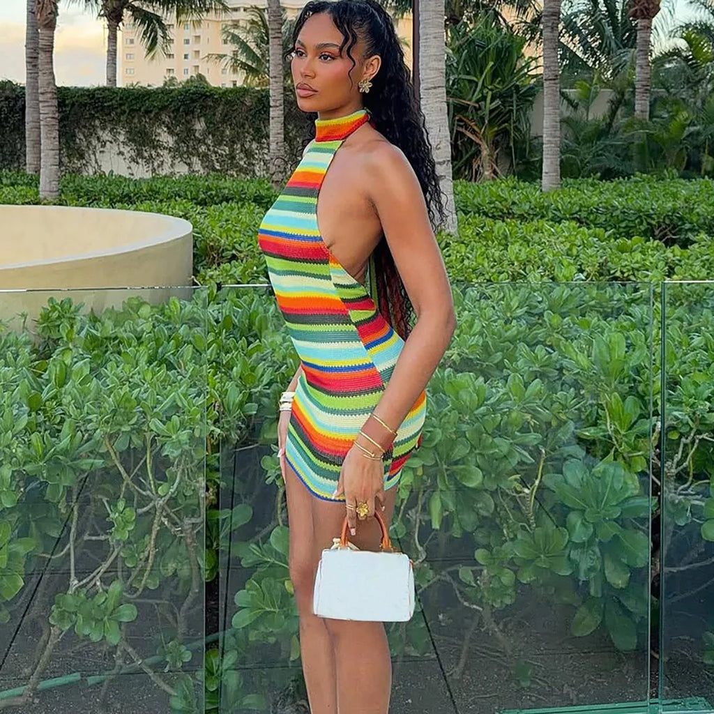 Solenne Striped Knit Halter Bodycon Mini Dress