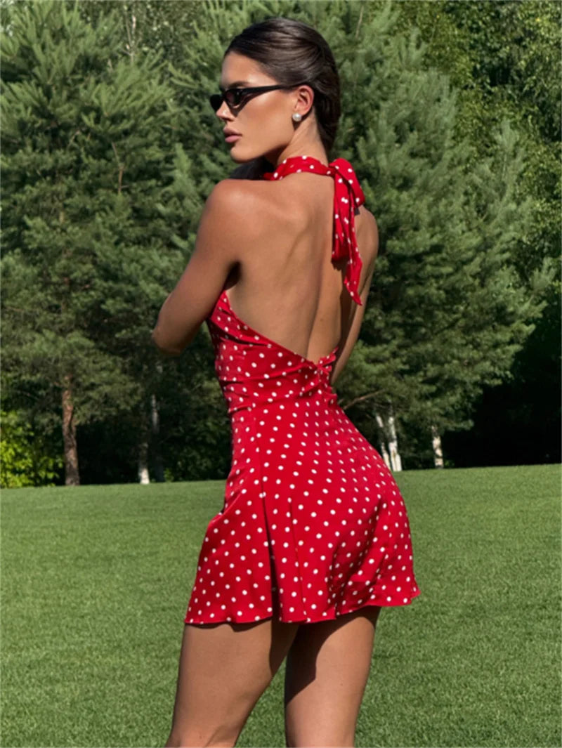 Hyacinthe Polka-Dot Tie-Halter Backless A-Line Mini Dress