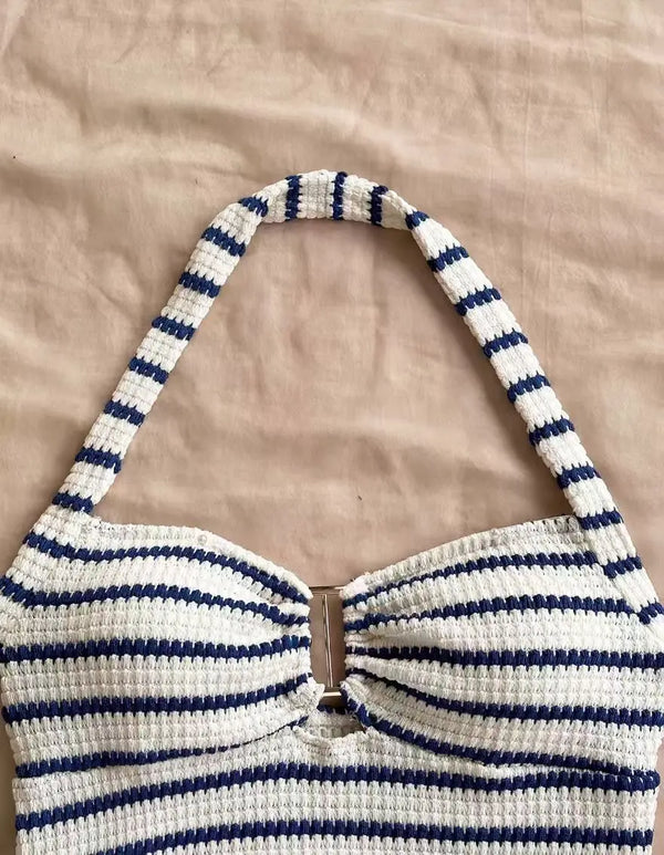 Marlowe Striped Halter Hollow-Out Knit Mini Dress