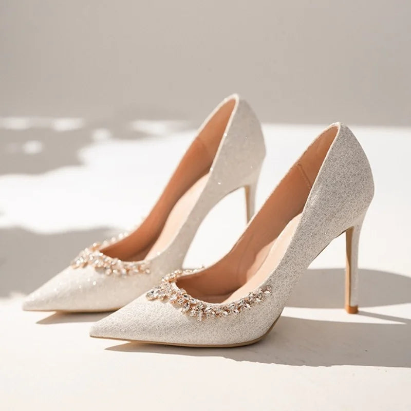 2025 New French Stiletto Heels Pointy Head Shallow Mouth Shoes Rhinodiamond-Edged Korean Version White Crystal Wedding Pumps