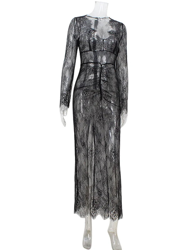 Ahagaga Sexy Club Dresses For Women Lace Solid Sheath Rehular Long Sleeves V-Neck Sheer Slim Fit Maxi Bodycon Female Vestidos