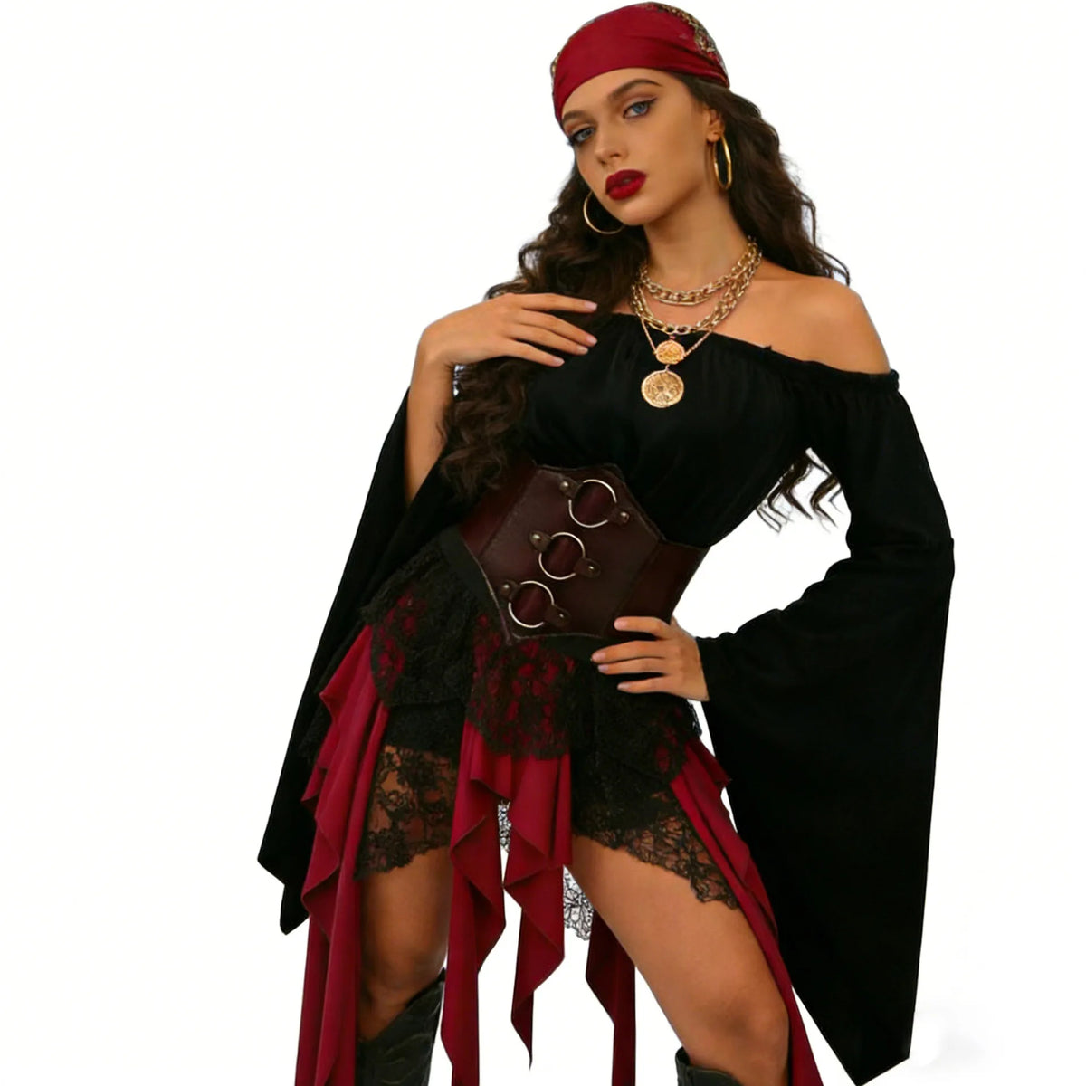 Isadora Pirate Costume Separates: Off-Shoulder Top, Tattered Skirt & Accessories