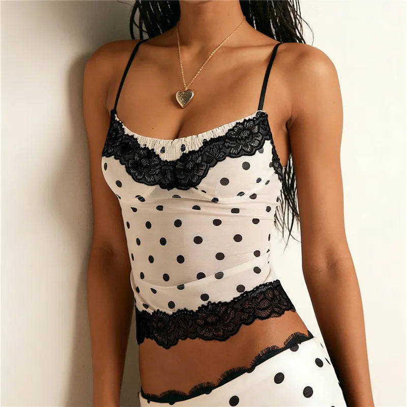 Wren Polka Dot Lace-Trim Mesh Cami Top