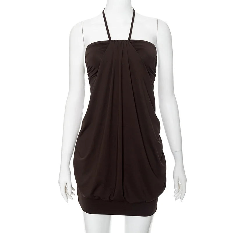 Fallon Brown Ruched Halter Bodycon Mini Dress