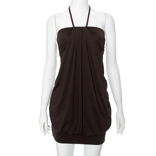 Fallon Brown Ruched Halter Bodycon Mini Dress