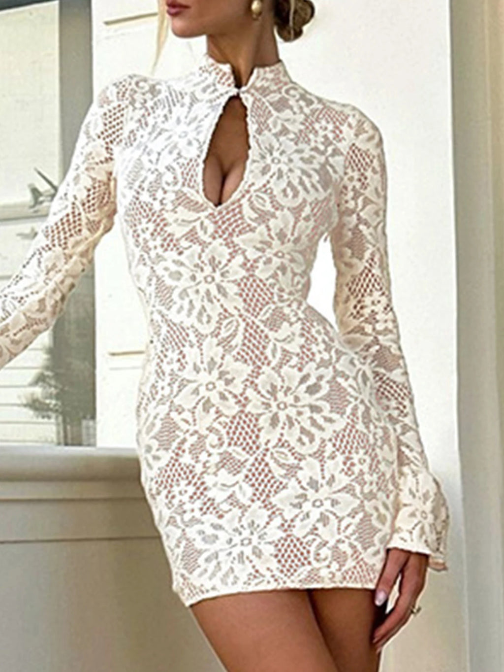 Mirelle Lace Flare-Sleeve Bodycon Mini Dress