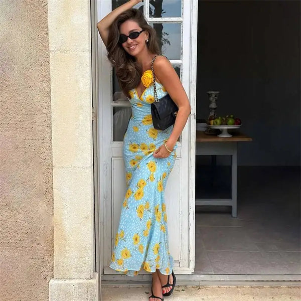 Etta Floral V-Neck Backless Maxi Dress