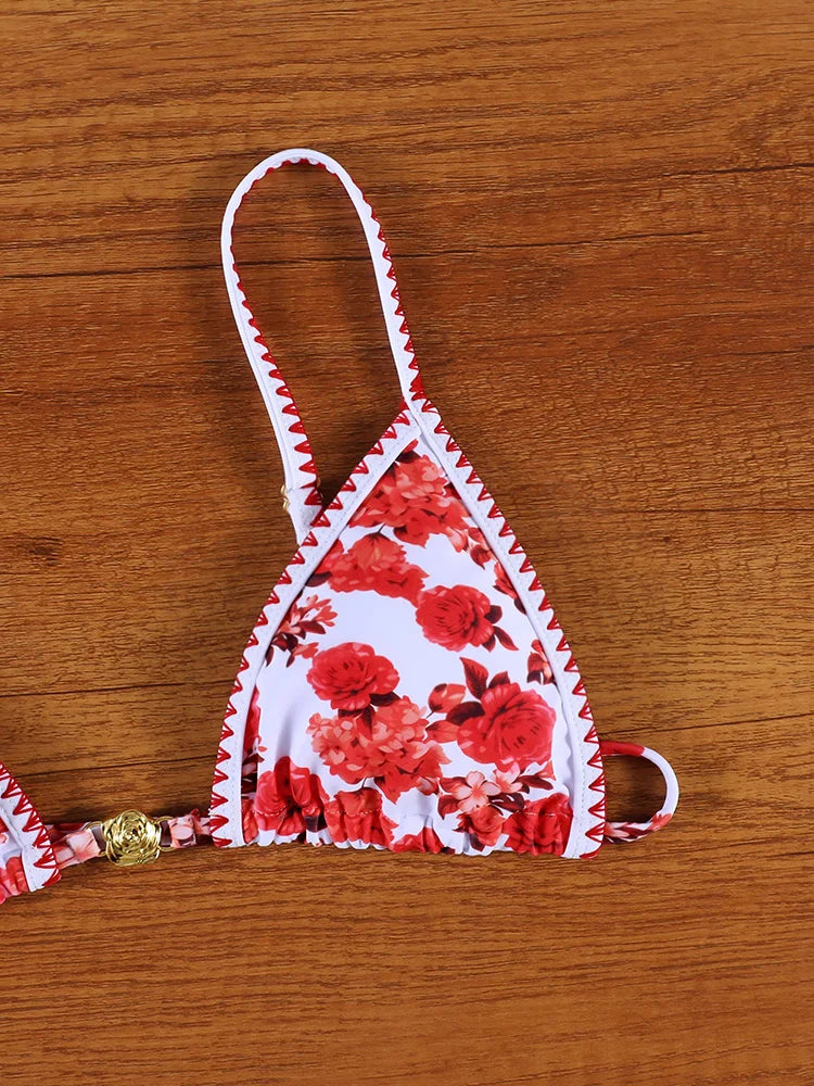 ZRTAK Sexy Red Floral Bikini Micro Thongs Bathing Suit Swimsuit Women Biquini Bandage Beachwear Swimwear 2 Piece Bikini Sets