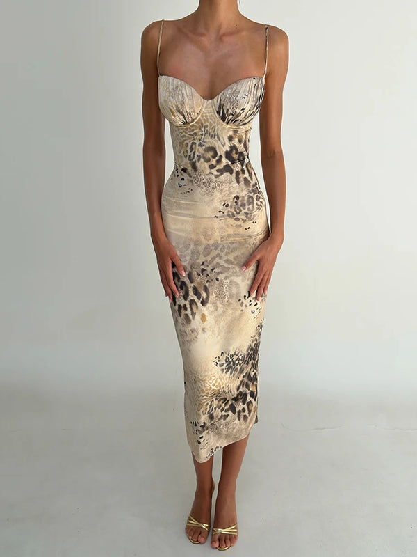 Kliou Leopard Print Sling Dress Woman Summer Trend Low-Neck Backless Sleeveless High Waist Robe Evening Party Wild Long Bodycon