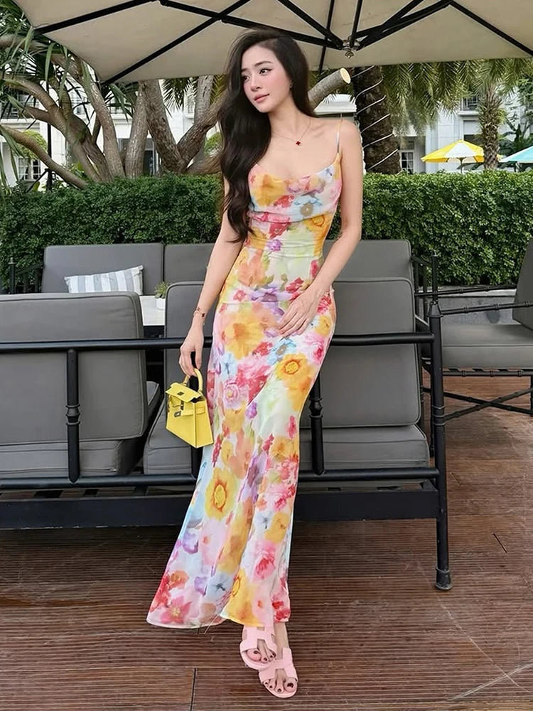 Flora Floral Spaghetti-Strap Bodycon Maxi Dress