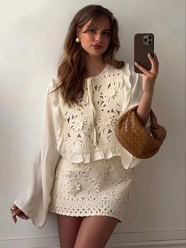 Evangelina Embroidered Lace Bell-Sleeve Tie-Neck Blouse & Mini Skirt Two-piece