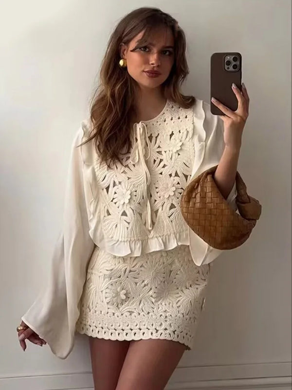 Evangelina Embroidered Lace Bell-Sleeve Tie-Neck Blouse & Mini Skirt Two-piece