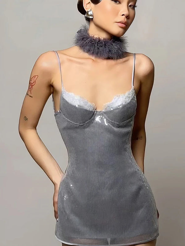 Sienna Sequin Lace Mini Dress with Neck Scarf