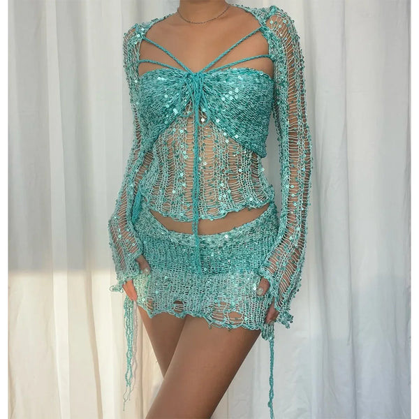 Marisela Sequin Crochet Knit Tie-Front Crop Top & Mini Skirt Two-piece