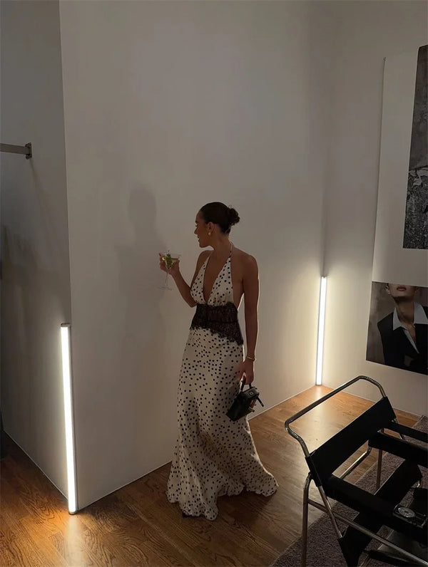 Cecelia Noir Lace Polka Halter Maxi Dress