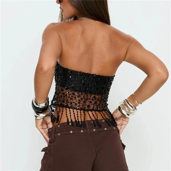 Raven Noir Sequin Mesh Festival Top One-piece