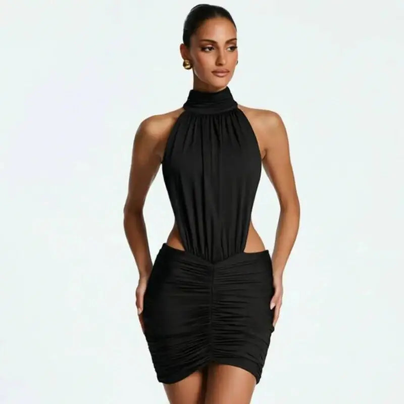 Marcella High-Neck Ruched Backless Mini Dress