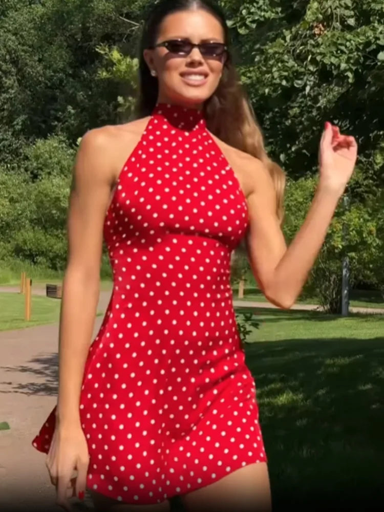 Elodie Polka-Dot Halter Lace-Up Mini Dress
