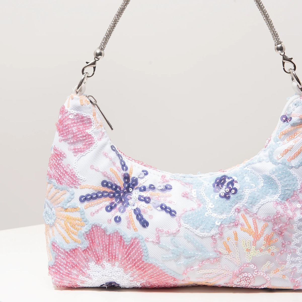 Florentina Floral Sequin Embroidered Half-Moon Shoulder Bag