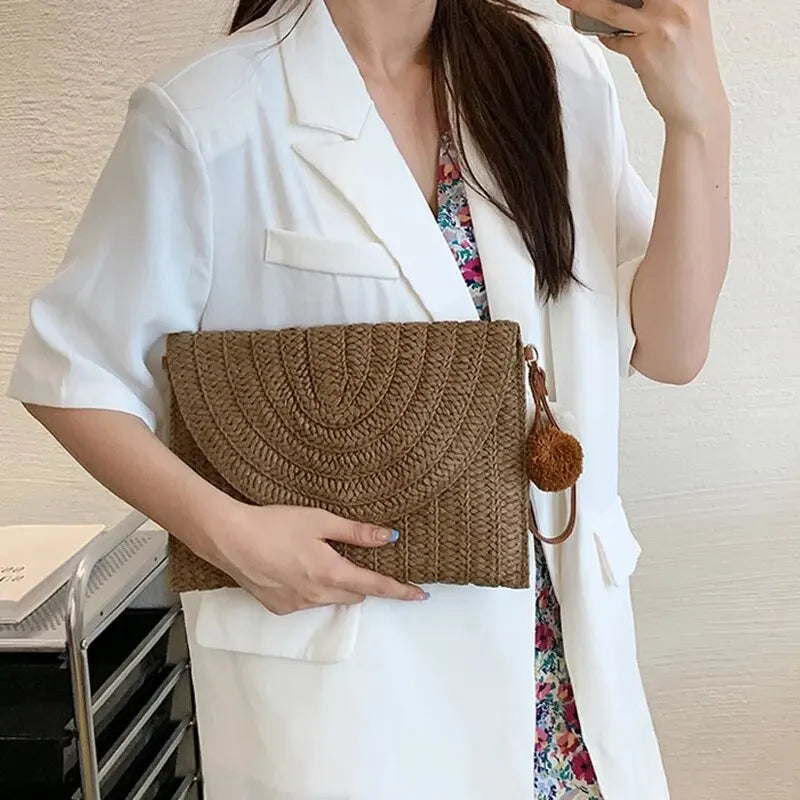 Soleil Woven Straw Envelope Crossbody Bag