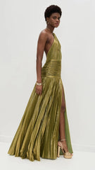 Alina Gold Pleated Halter Maxi Dress