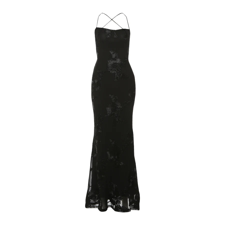 Isabella Spaghetti Strap Floral Embroidered Bodycon Maxi Dress