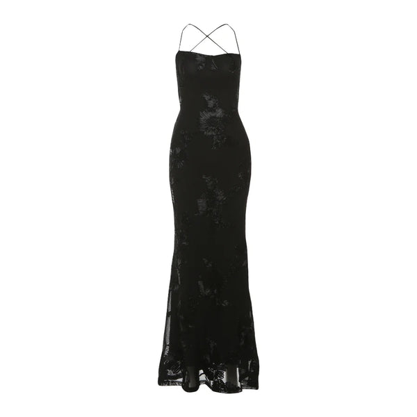Isabella Spaghetti Strap Floral Embroidered Bodycon Maxi Dress