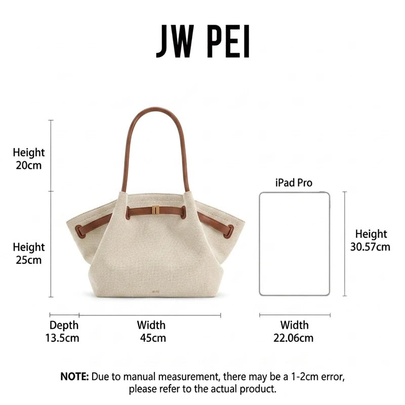 JW PEI Hana Canvas Stitching Tote Bag For Women Luxury Vegan Leather Shoulder Hangbag Summer Casual Slouchy Hobo Work Bag