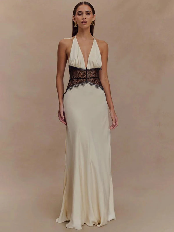 Calanthe Lace Halter Deep-V Maxi Dress