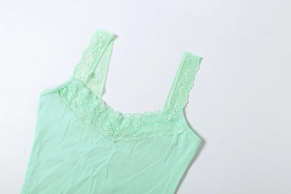 Weird Puss Lace Patchwork Camisole Women Low-Neck Skinny Patchwork  Side Slit Midnight Sexy Hottie Wild Summer Trend Streetwear