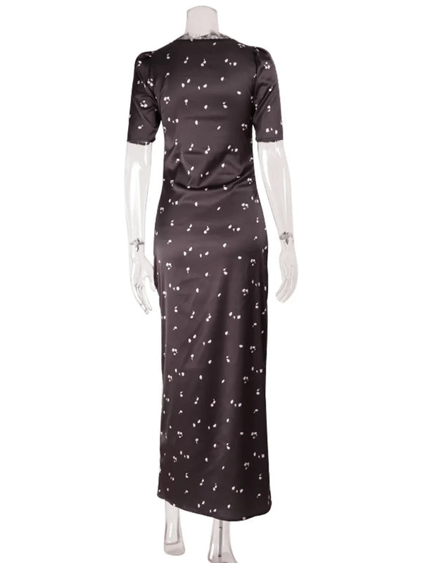 Peregrina Lace-Trim Petal Print Puff-Sleeve Satin Maxi Dress