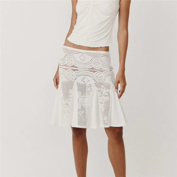 Ysabeau Y2K Crochet Lace Low-Rise Flared Midi Skirt One-piece