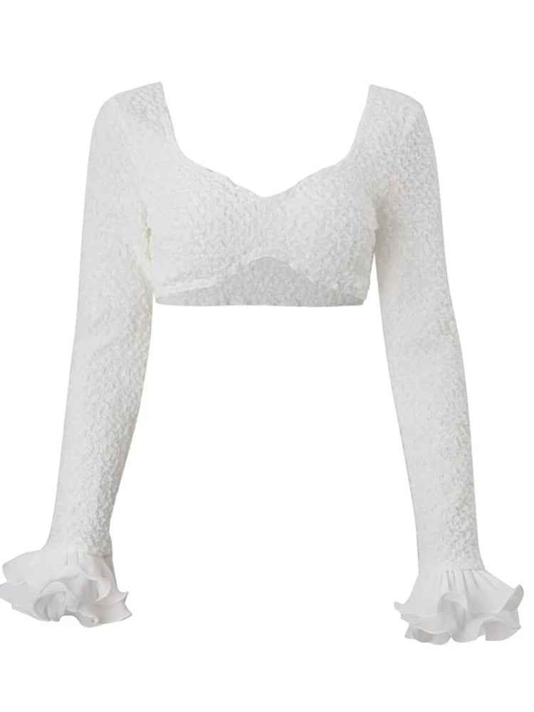 Rosamunde White Ruffle Low-Neck Crop Top & Mini Skirt Two-piece