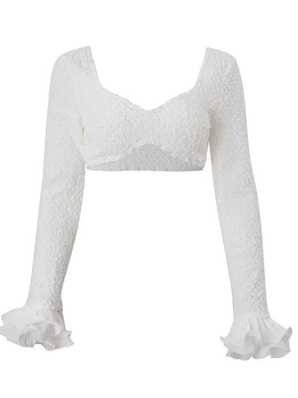 Rosamunde White Ruffle Low-Neck Crop Top & Mini Skirt Two-piece