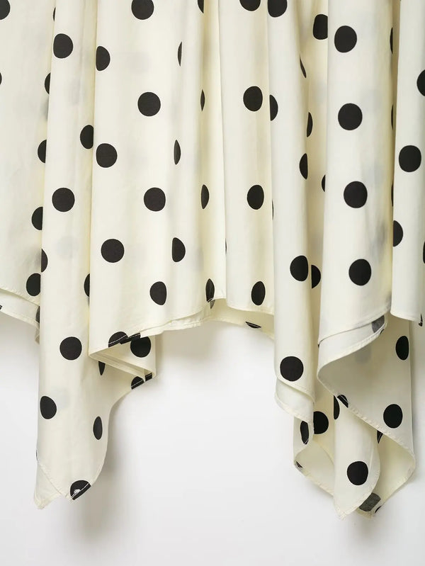 Women's Vintage Polka Dot Asymmetrical Hem Skirt White Black High Waist Drawstring Flowy Casual Midi Skirt Streetwear
