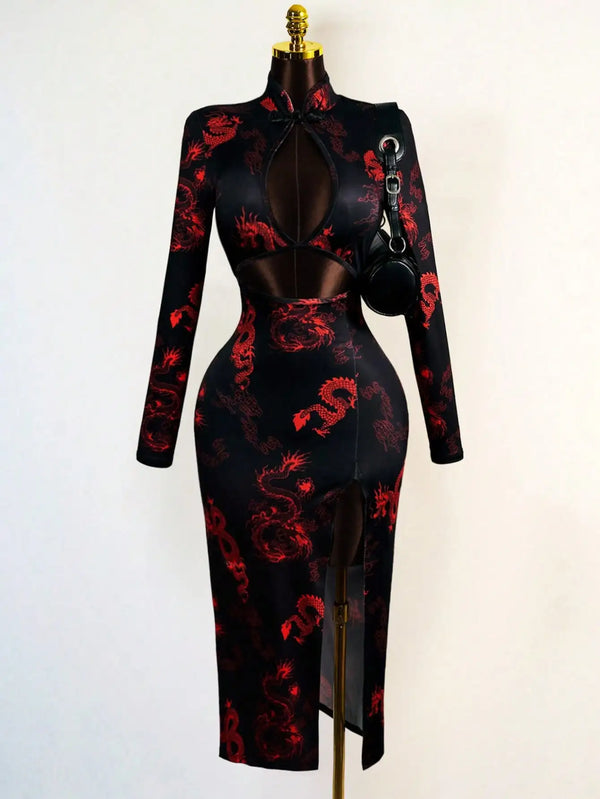Lian Dragon-Print Keyhole Qipao Maxi Dress