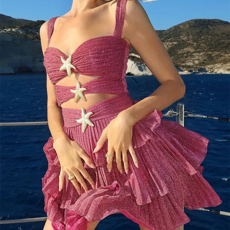 Reina Starfish Sequin Cutout Ruffle Mini Dress
