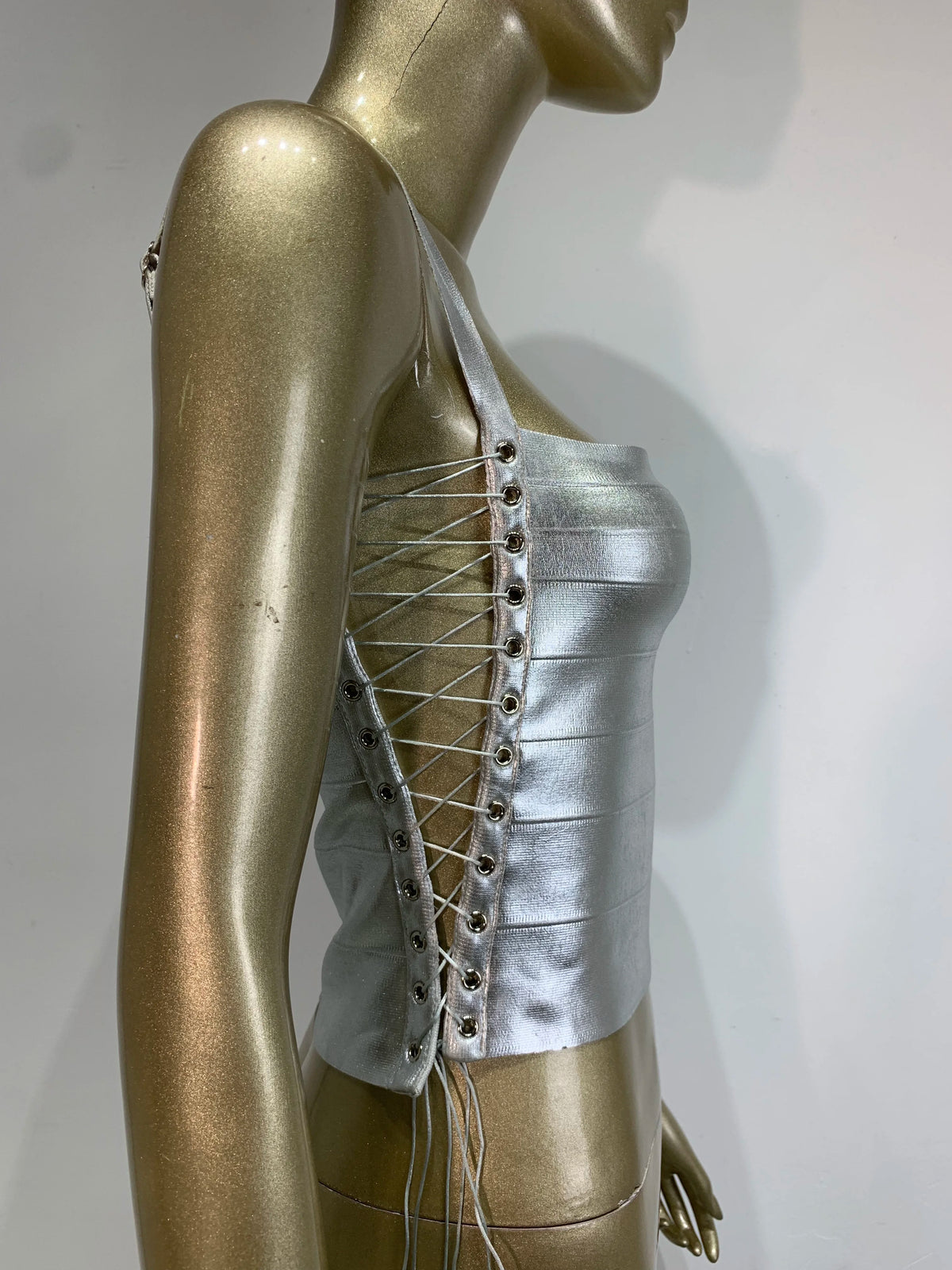 Women Summer Sexy Lacing Bronzing Gold Silver Bodycon Bandage Tops Celebrity Designer Fashion High Street Top