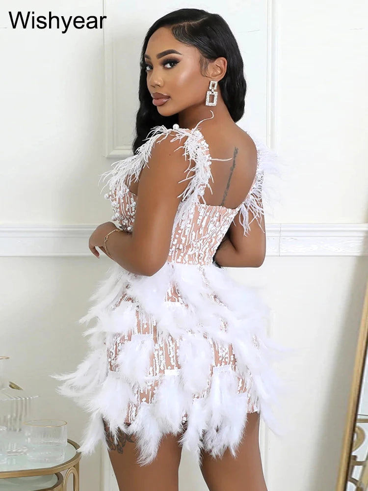 Leonora Pearl Feather-Strap Bodycon Midi Dress