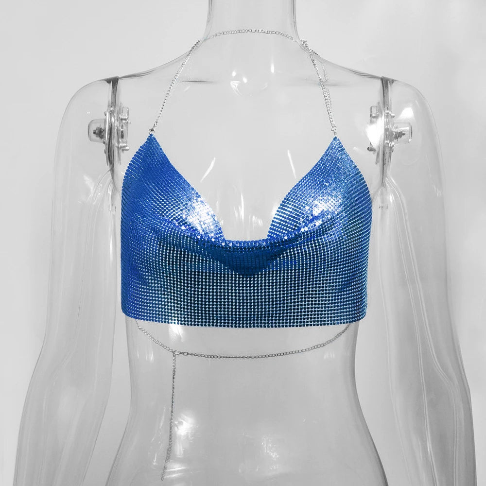Electra Metallic Sequin Halter Backless Crop Top One-piece