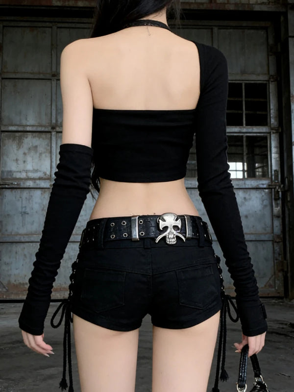 Morgana Gothic Low-Rise Lace-Up Black Denim Shorts Apparel One-piece