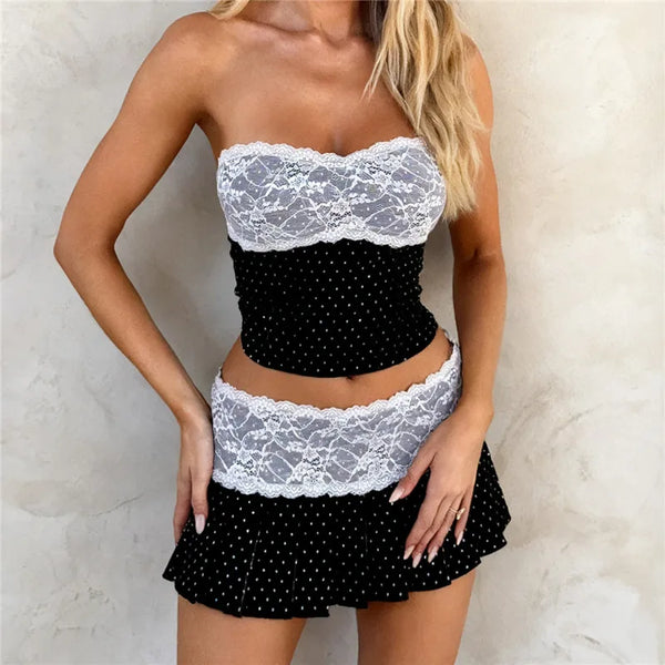 hirigin Women Summer 2Pcs Lace Trim Outfits Dots Print Tube Tops + Mini Pleated Skirt Set Party Club Y2K Vacation Matching Suit