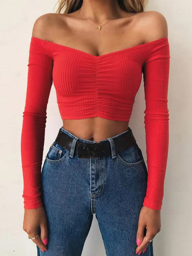 Women T-shirts sexy and club fashion female T-shirt long sleeve off shoulder solid color lady Tshirt autumn basic tees Main image