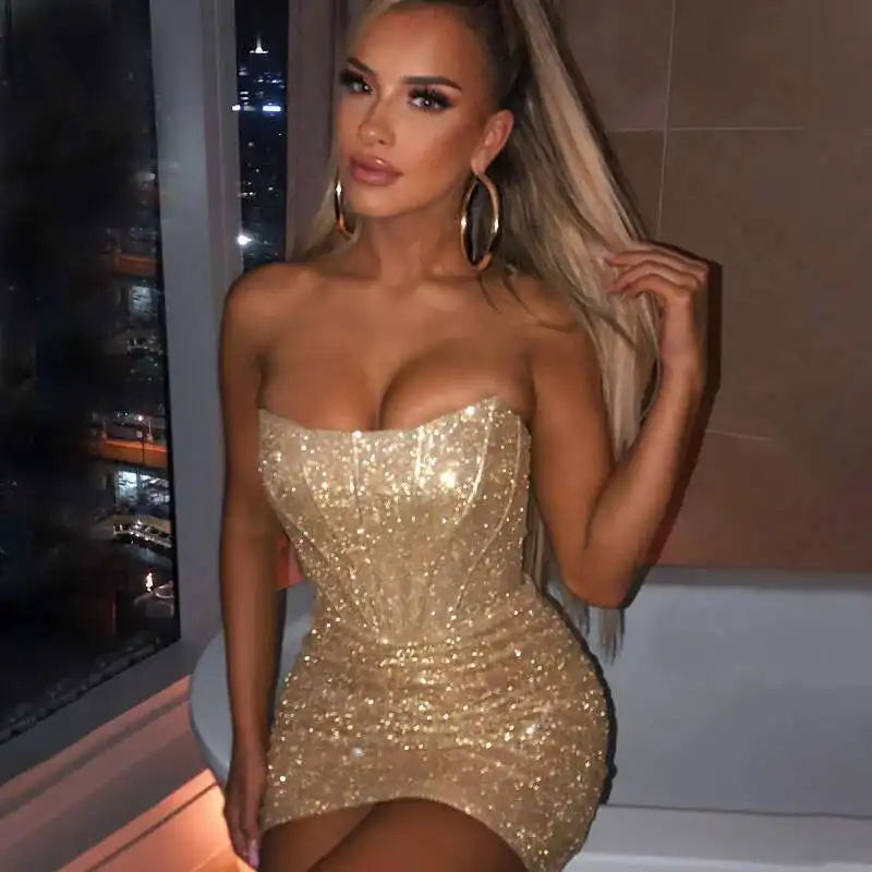 Aurelina Glitter Strapless Ruched Bodycon Mini Dress