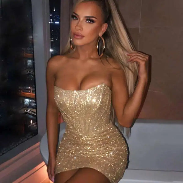Aurelina Glitter Strapless Ruched Bodycon Mini Dress