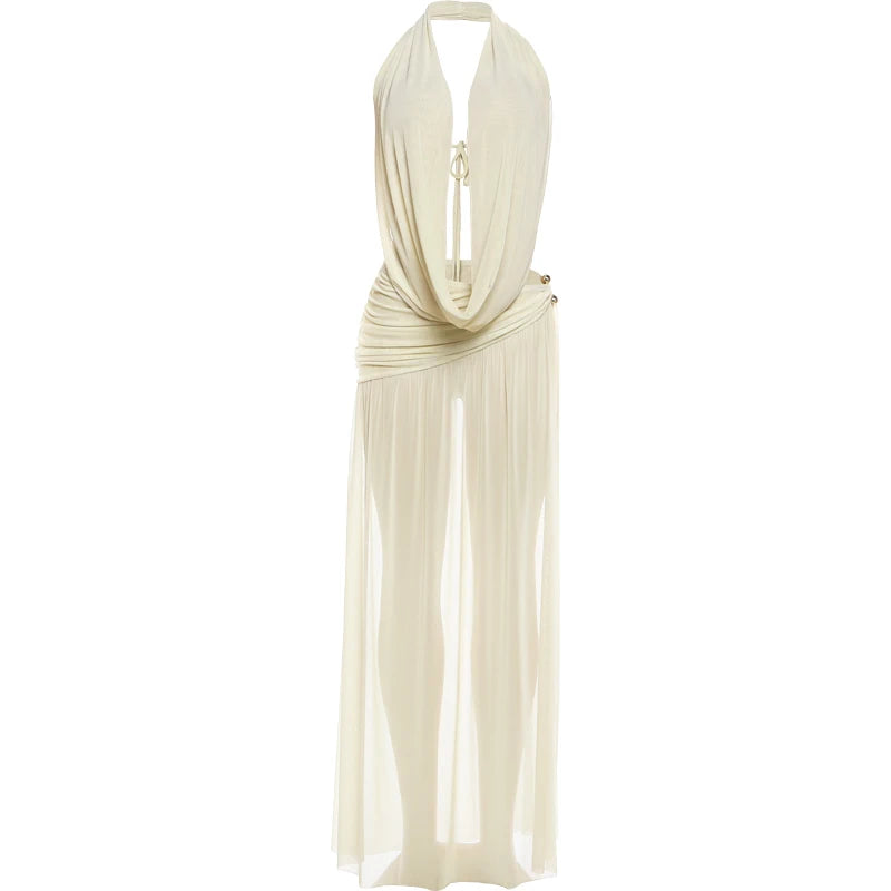 Kliou Sexy Fashion 2 Piece Set Woman Halter Swing Collar Backless Vests+Metal Buckle High Splits Mesh Long Skirts Elegant Suits