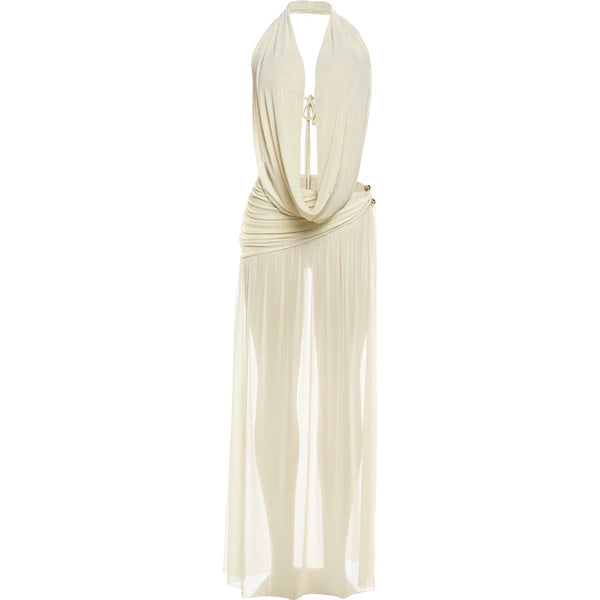 Kliou Sexy Fashion 2 Piece Set Woman Halter Swing Collar Backless Vests+Metal Buckle High Splits Mesh Long Skirts Elegant Suits
