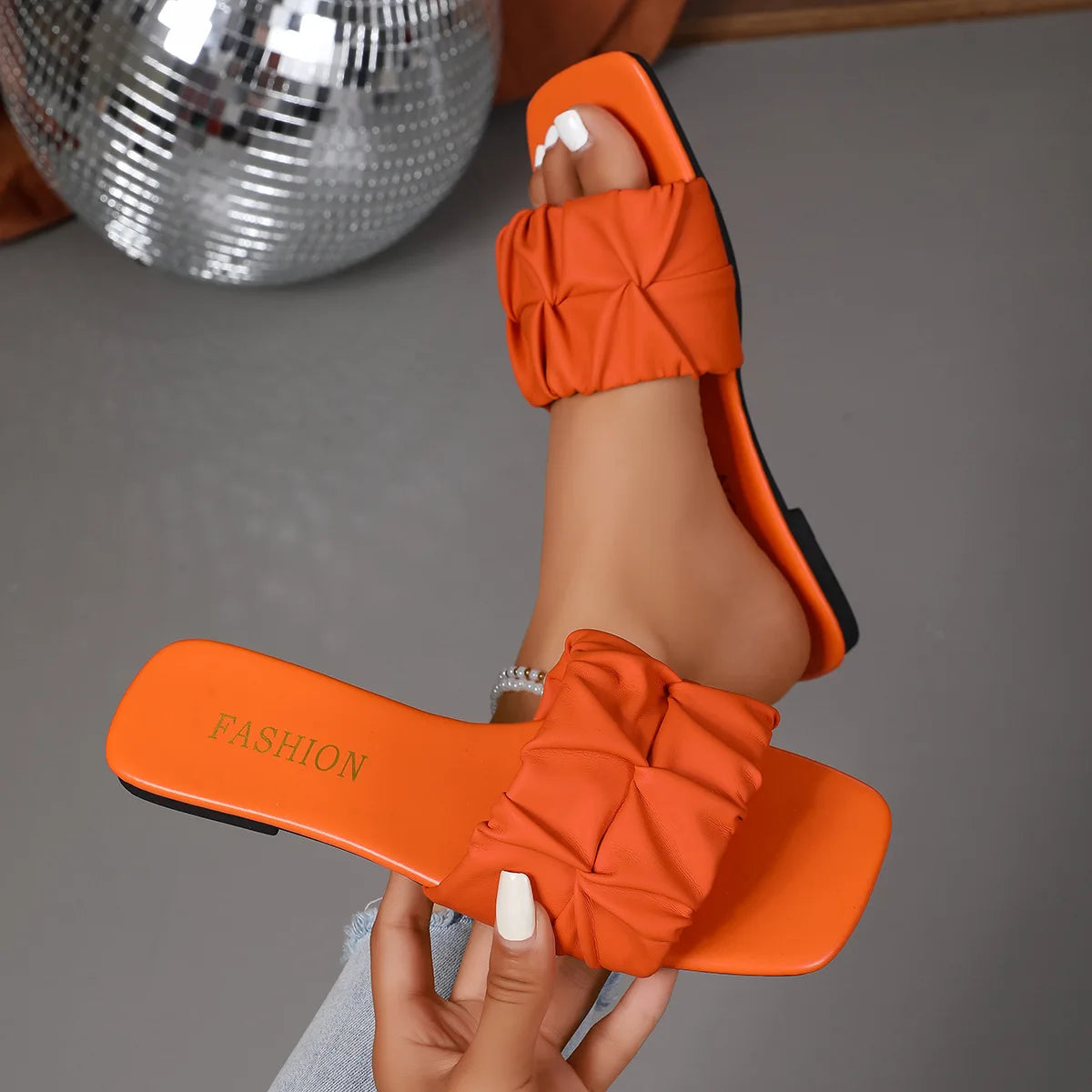 Paulette Ruched Square-Toe Flat Slide Sandals