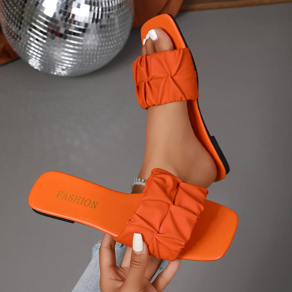 Paulette Ruched Square-Toe Flat Slide Sandals