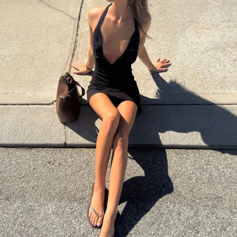 Nyla Deep-V Pleated Halter Mini Dress